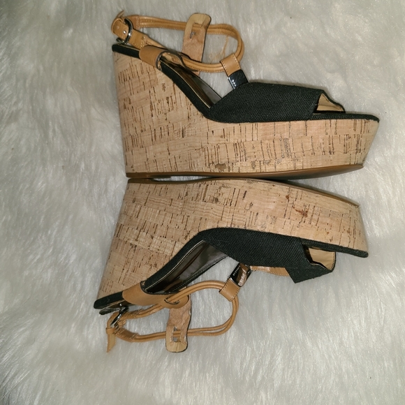 Y2K Coach Size 7.5 B Black Fabric Tan Cork Wedges - Picture 3 of 14